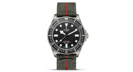 a silver and black watch with a NATO strap