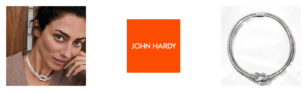 Banner advertisement featuring a woman wearing a silver John Hardy necklace on the left, the John Hardy logo centered in an orange square, and a close-up image of the same silver necklace on a white background on the right