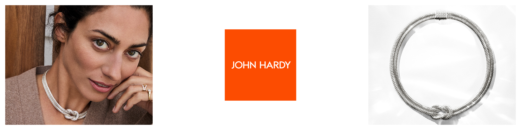 Banner advertisement featuring a woman wearing a silver John Hardy necklace on the left, the John Hardy logo centered in an orange square, and a close-up image of the same silver necklace on a white background on the right